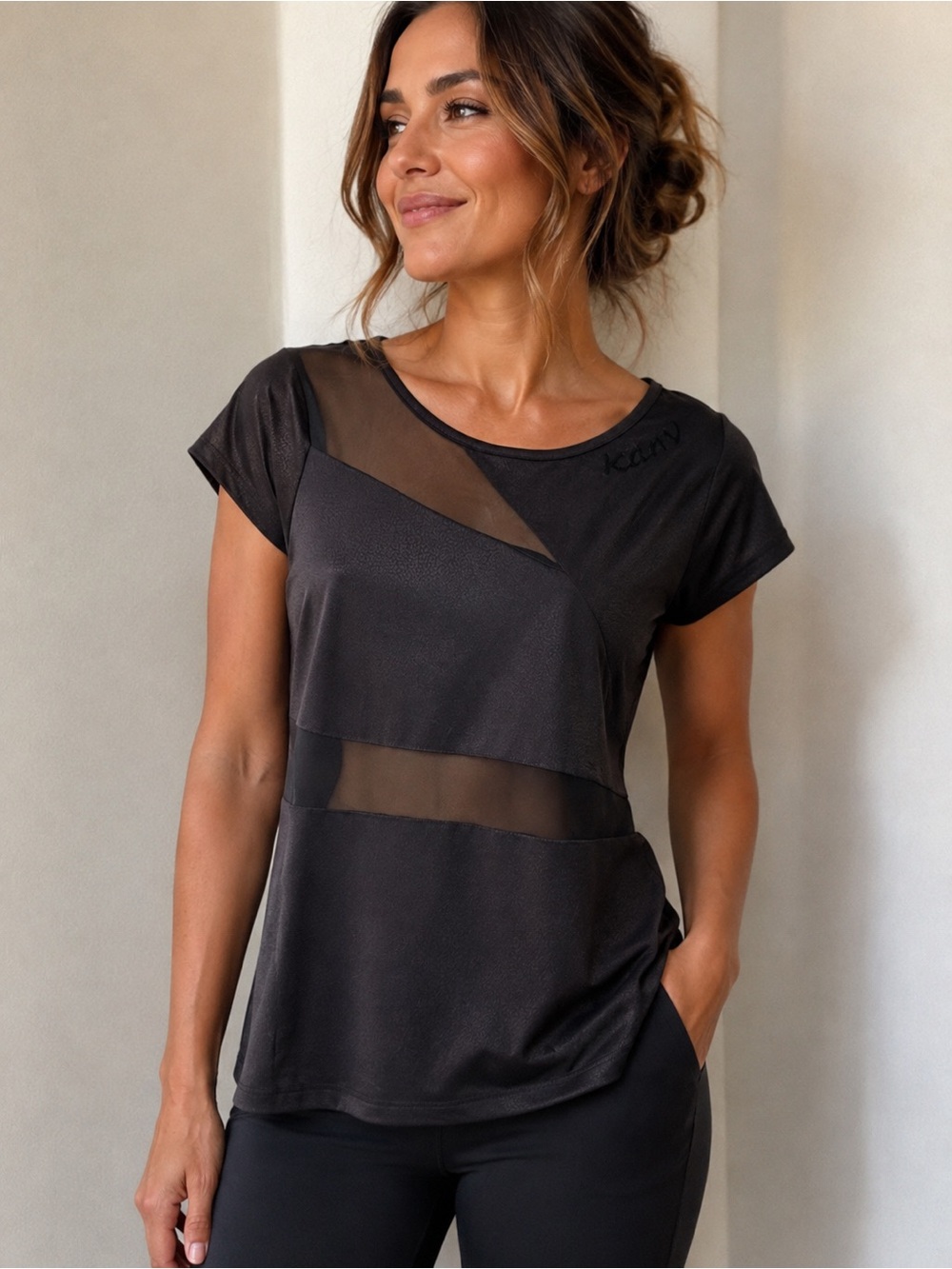 Karv Mesh-Inset Short Sleeve Tee in Black -